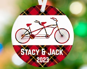 Tandem Bike Couple Ornament - Anniversary Ornament - Newlyweds Ornament - Plaid Ornament -  Personalized Porcelain Anniversary Ornament