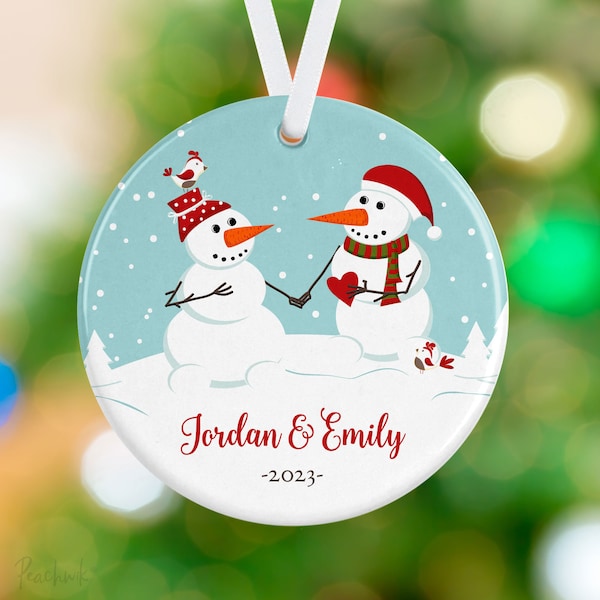 Couple Christmas Ornament - Snowman Couple Ornament - Anniversary Ornament - Personalized Porcelain Couple Holiday Ornament