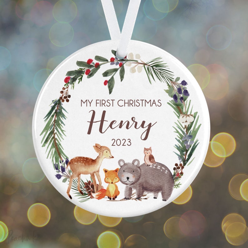 Personalized Baby Animal Christmas Ornament Baby's First Christmas Personalized Baby Christmas Tree Ornament Deer, Bear, Fox Ornament image 2