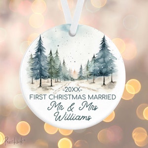 First Christmas Married Ornament Christmas Forest Trees Mountains Ornament Personalized Newlyweds Married Holiday Gift Ornament image 4