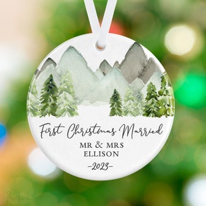 First Christmas Married Ornament - Mountains Ornament - Personalized Porcelain Newlywed Holiday Forest Ornament - Watercolor Mountains Gift