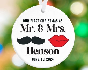 Newlywed Ornament - Our First Christmas as Mr and Mrs - Red Lips & Mustache - Personalized Newlywed Christmas Ornament - Wedding Ornament