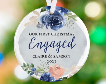 Engaged Couple Flowers Ornament - Navy Floral Ornament - Personalized Porcelain Engagement Holiday Ornament - Couple Ornament Gift