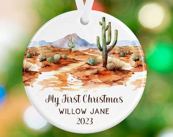 First Christmas Baby Ornament - Cactus Name Ornament - Baby Name Ornament - Personalized Porcelain Holiday Desert, Southwest Ornament