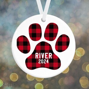 Personalized Pet Christmas Ornament Dog or Cat Plaid Paw Print Ornament Porcelain Ceramic Holiday Ornament image 3