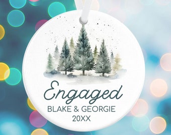 Engaged Ornament - Engagement Ornament - Personalized Floral Engagement Holiday Ornament Gift - Pine Trees Couple Ornament