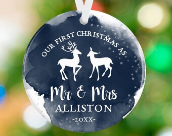 First Christmas Married Ornament - Deer - Navy Ink Spots Ornament - Personalized Porcelain Newlywed Holiday Ornament