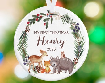Personalized Baby Animal Christmas Ornament - Baby's First Christmas - Personalized Baby Christmas Tree Ornament - Deer, Bear, Fox Ornament