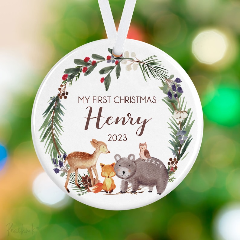 Personalized Baby Animal Christmas Ornament Baby's First Christmas Personalized Baby Christmas Tree Ornament Deer, Bear, Fox Ornament image 1