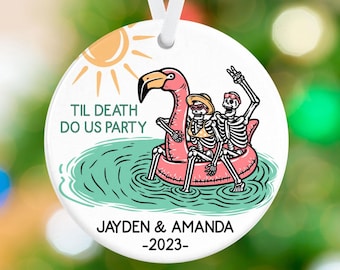 Til Death Do Us Party Christmas Ornament- Anniversary Couple Skeletons- Personalized Porcelain Wedding Gift - Skeleton Flamingo Ornament