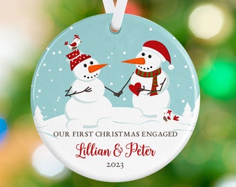 First Christmas Engaged Ornament - Snowman Couple Ornament - Personalized Engagement Holiday Fiance Ornament Gift