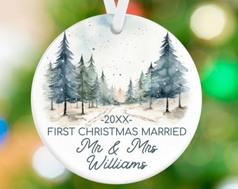 First Christmas Married Ornament - Christmas Forest Trees Mountains Ornament - Personalized Newlyweds Married Holiday Gift Ornament