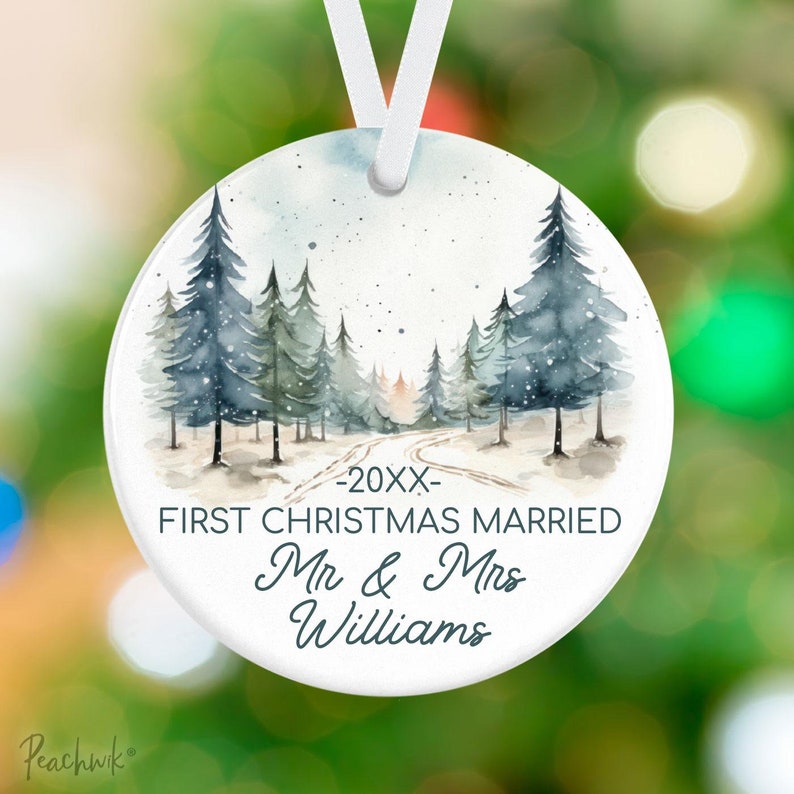 First Christmas Married Ornament Christmas Forest Trees Mountains Ornament Personalized Newlyweds Married Holiday Gift Ornament image 1