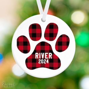 Personalized Pet Christmas Ornament Dog or Cat Plaid Paw Print Ornament Porcelain Ceramic Holiday Ornament image 1