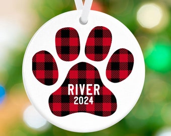 Personalized Pet Christmas Ornament - Dog or Cat Plaid Paw Print Ornament - Porcelain Ceramic Holiday Ornament