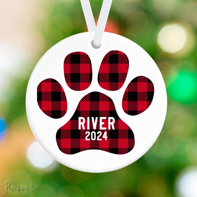 Personalized Pet Christmas Ornament Dog or Cat Plaid Paw Print Ornament Porcelain Ceramic Holiday Ornament image 1