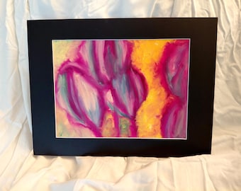 Petals Ablaze Abstract Oil Pastel Painting – Pink Yellow Expressionist Art (9x12")
