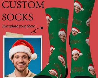 1 Pair of Custom Photo Personalized Matching Socks - Festive Santa Hat Design for Christmas