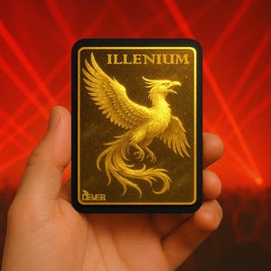 May include: A gold-colored rectangular card featuring a detailed illustration of a phoenix with outstretched wings. The word "ILLENIUM" is at the top, and "DEVER" is at the bottom. The card is held in a hand against a red background.
