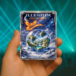 May include: A fantasy art card with the text "ILLENIUM ODYSSEY" at the top. The card features a phoenix, a celestial background, and a globe with waterfalls and floating islands. The card is held in a hand.