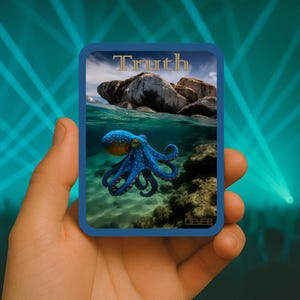 May include: A blue rectangular card with the word "Truth" in gold lettering. The card features an underwater scene with a blue octopus and a rocky island. The card is held in a hand.
