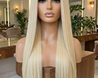 Blonde Straight Human Hair Wig – 13x4 Lace Front Long Wig - Natural Look Middle/Free Part - Dyeable Real Human Hair, Multiple Length Options