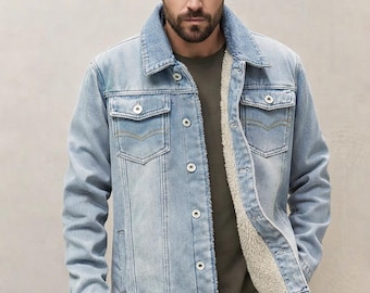 Winter Sherpa Lined Denim Jacket for Men, Fleece Lined Jean Jacket, Warm Trucker Jacket, Casual Vintage Blue Winter Coat