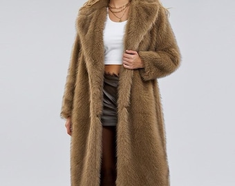 Luxury Faux Fur Long Coat for Women – Elegant Lapel Winter Overcoat – Soft Plush Warm Jacket – Chic Full-Length Outerwear -Gift for Her