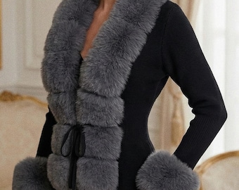 Faux Fur Cardigan for Women | Winter Knit Sweater Coat with Removable Faux Fox Fur Collar & Cuffs | Warm Cozy Fall Winter Outwear