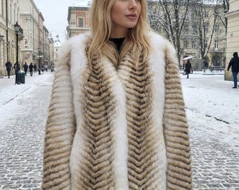 Faux Fur Short Jacket for Women – Gradient Textured Eco Fur Coat – V-Neck Elegant Winter Outerwear – Luxury Design - Gift for her