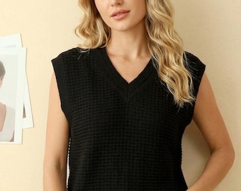 Silk Wool Knit Vest Women, V-Neck Sleeveless Sweater Top, Minimalist Fall Layering