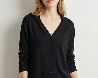 Lightweight Silk Blend Hooded Cardigan, Loose Fit Summer Knit Sweater, Minimalist Layer
