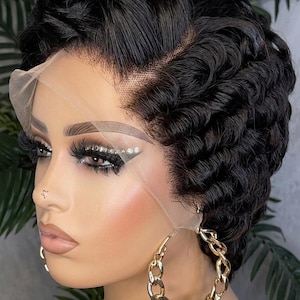 Peluca de cabello humano con corte pixie rizado y encaje frontal, peluca corta y rizada de 13x4, peluca corta de aspecto natural, cabello pixie de rizo suave.