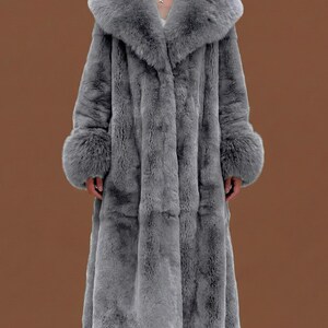Women Long Faux Fur Coat with Belt | Vegan Fur Trench Style Coat | Plush Winter Fur Jacket | Elegant British Style Outerwear image 4