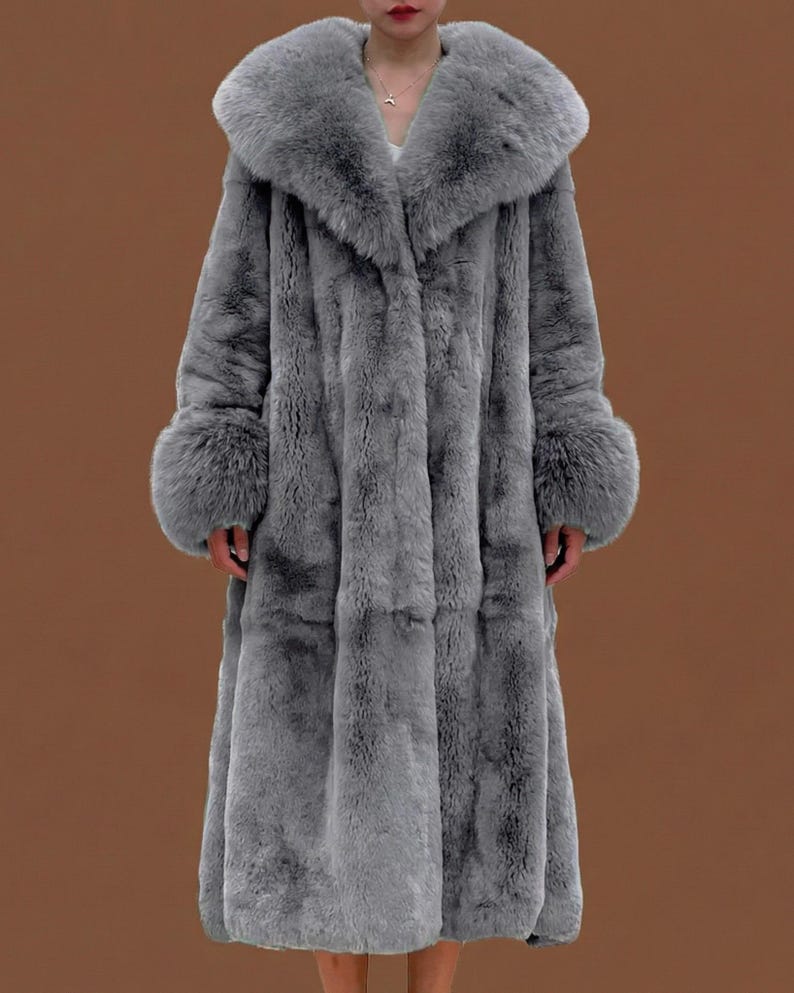 Women Long Faux Fur Coat with Belt | Vegan Fur Trench Style Coat | Plush Winter Fur Jacket | Elegant British Style Outerwear image 4