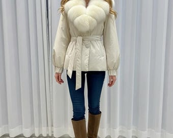 Women's Winter Puffer Coat with Faux Fur Collar – Belted Warm Mid-Length Jacket – Chic Cozy Winter Outerwear - Gift for Her