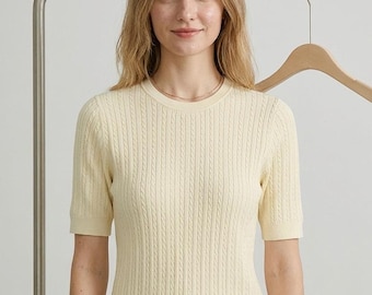 Silk Blend Knit Short Sleeve Top, Ribbed Slim Fit Elegant Tee