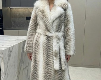 Belted Faux Fur Overcoat - Cream Fishbone Pattern, Warm Plush Jacket