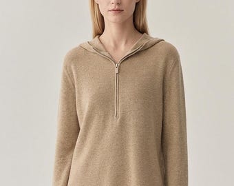 Lightweight Cotton Wool Zip Hoodie, Minimalist Pullover, Neutral Fall Knitwear