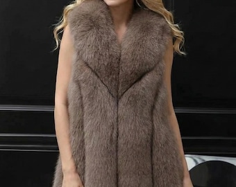Women’s Faux Fur Long Vest – Sleeveless Luxury Winter V-Neck Coat – Soft Plush Outdoor Layer – Chic Oversized Faux Fur Gilet - Gift for Her