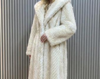 Long Herringbone Faux Fur Coat for Women – Cream White Elegant Full-Length Hooded Winter Overcoat – Statement Luxury Outerwear