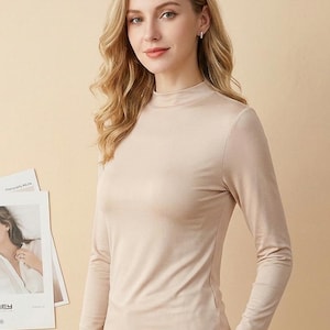 100% Mulberry Silk Turtleneck Top, Women's Lightweight Thermal Base Layer