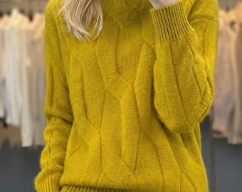 100% Wool Sweater Women | High Neck Cable Knit Pullover | Soft Warm Winter Jumper | Minimalist Solid Color Knit Top