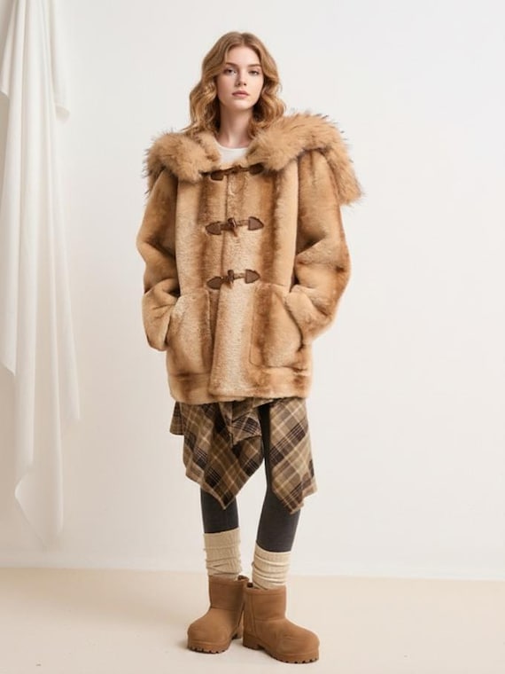 Hooded Faux Fur Duffle Coat: Oversized Beige Winter Jacket - Etsy