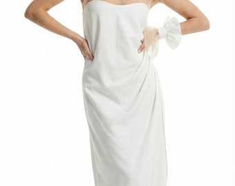 Illusion Strapless Look White Maxi Dress | Sheer Mesh Neckline | Detachable Bow Sleeves | Elegant Formal Evening Gown
