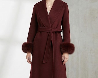 Luxury Wool Long Coat with Faux Fur Cuffs – Belted Double-Faced Wool Overcoat for Women – Elegant Winter Lapel Jacket