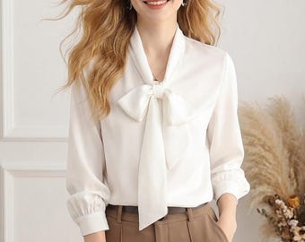 Elegant Bow Tie Blouse, Silk Style Long Sleeve Top, Minimalist Chic Work Shirt