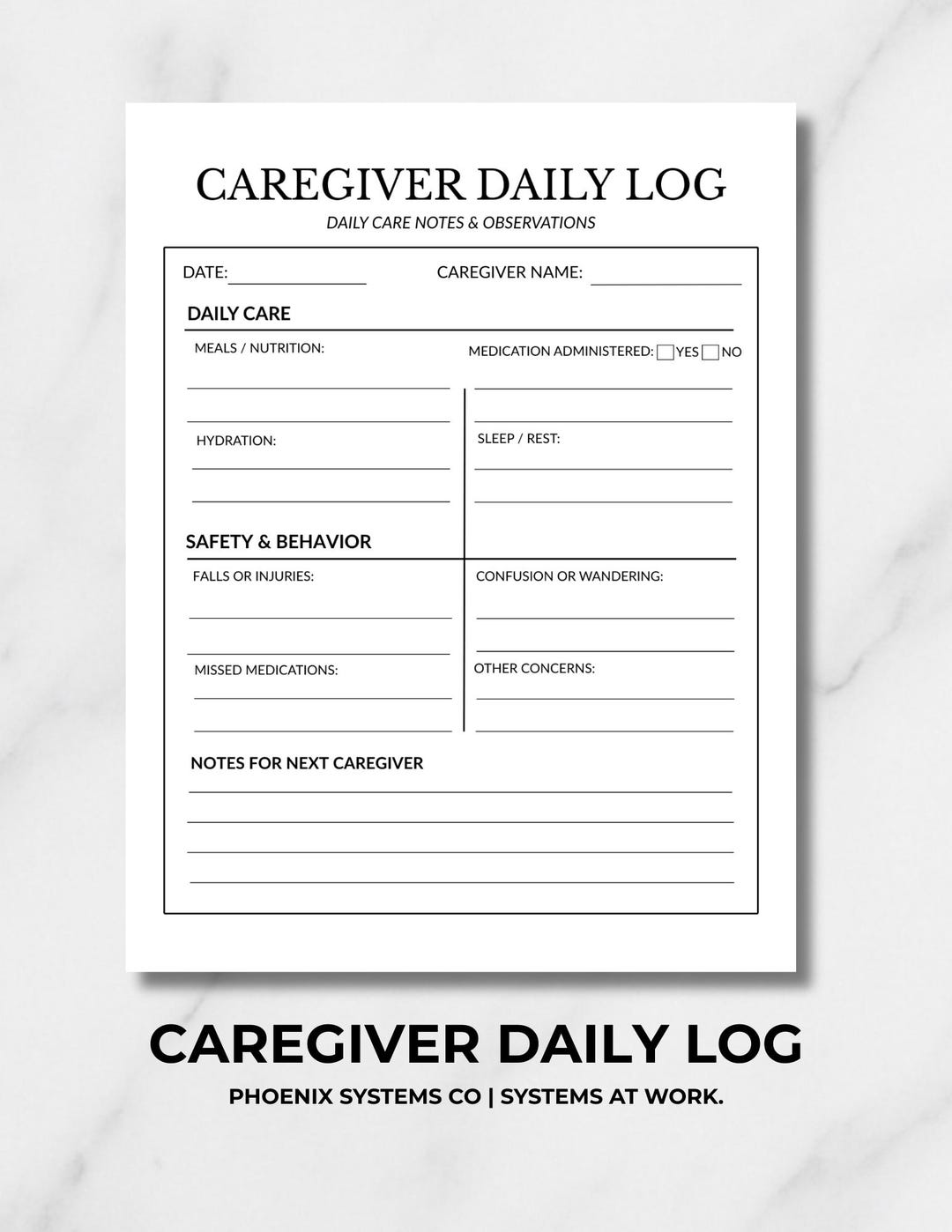 Caregiver Daily Log Printable | Elder Care Daily Notes, Meals ...