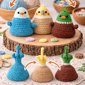 May include: Crocheted bird and plant designs in blue, yellow, and brown. The image shows three bird-shaped crochet items with reversible designs, transforming into plant stems when flipped. The text "REVERSIBLE DESIGN!" and "Flip to reveal fun plant stems!" are visible.