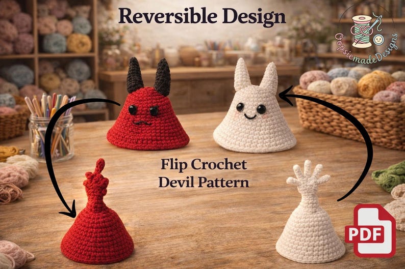 May include: A reversible crochet design featuring a red devil and a white angel. The red devil has black horns and a mischievous expression, while the white angel has a smiling face. The text "Reversible Design" and "Flip Crochet Devil Pattern" are visible.